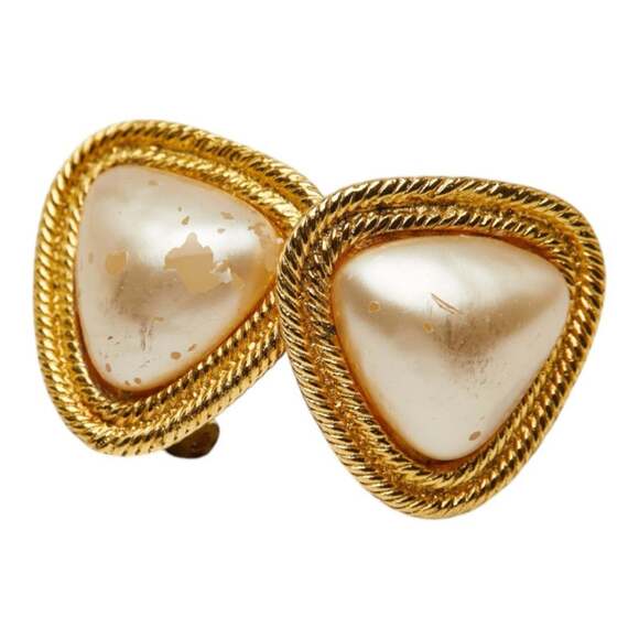 Chanel Vintage Triangle Earrings Gold and White Plated Faux Pearl Women's ...